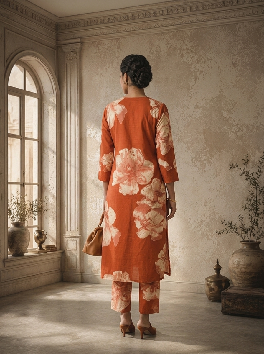Rust Cotton Large Floral Printed Two Piece Set
