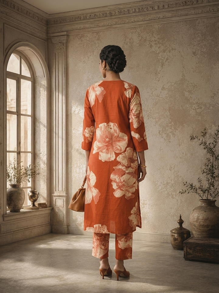 Rust Cotton Large Floral Printed Two Piece Set