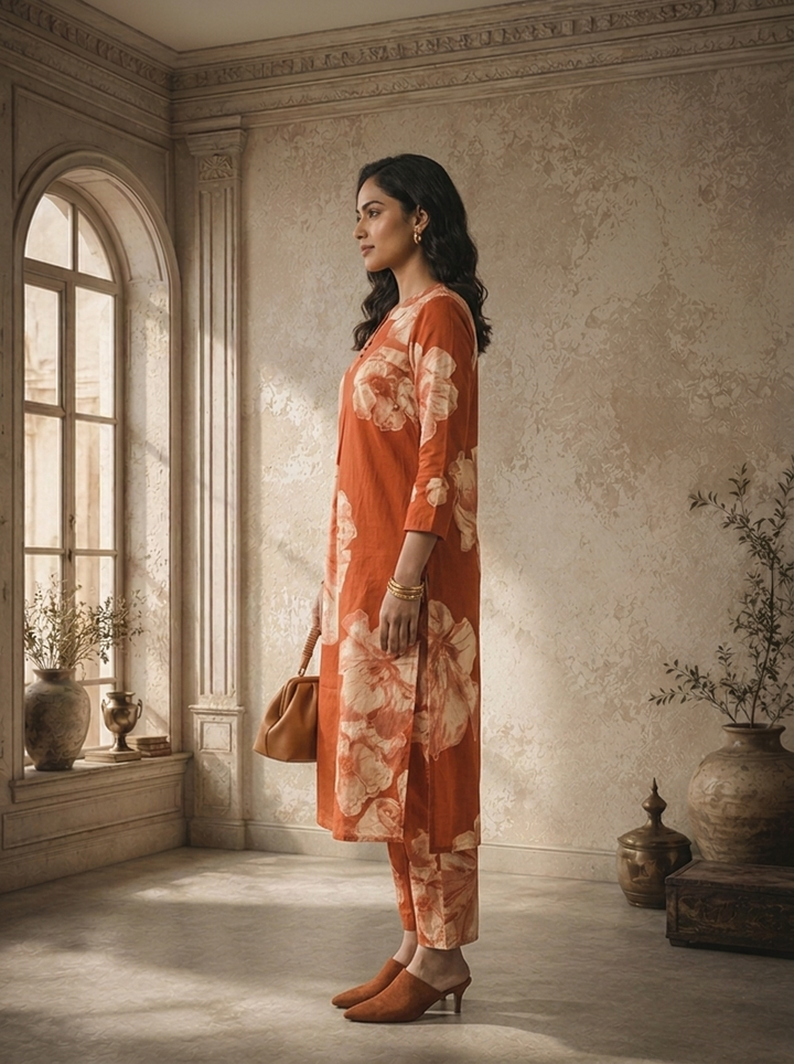 Rust Cotton Large Floral Printed Two Piece Set