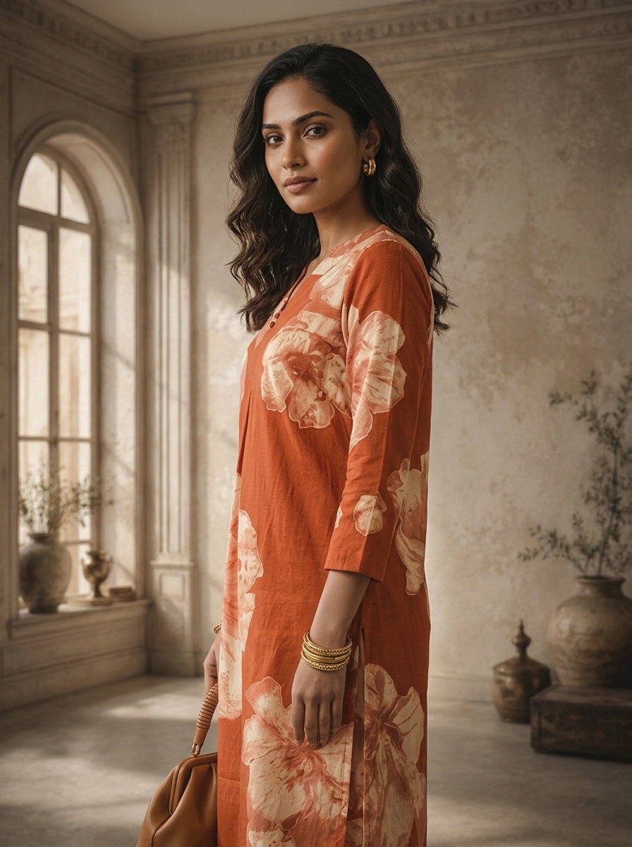Rust Cotton Large Floral Printed Two Piece Set