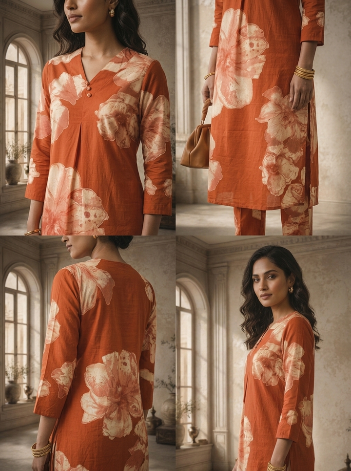 Rust Cotton Large Floral Printed Two Piece Set