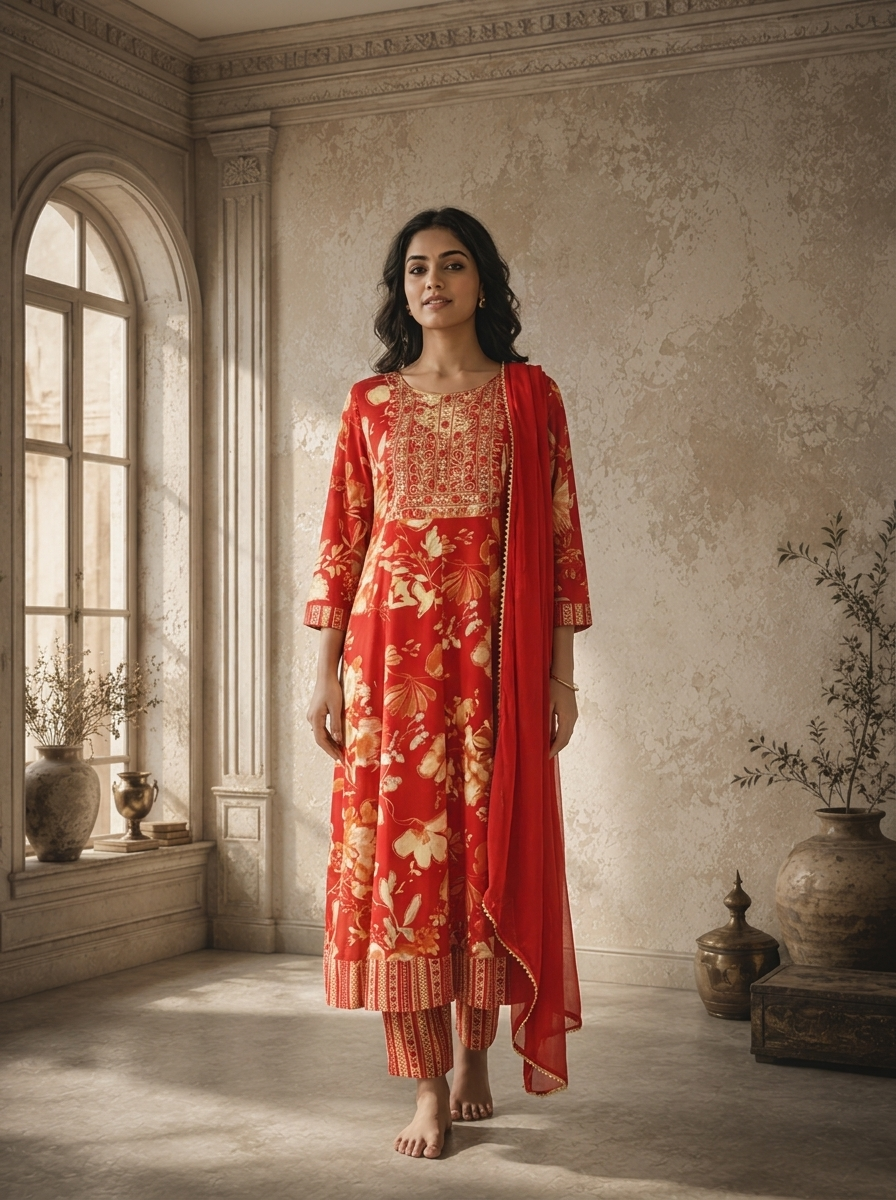 Maroon Rayon Floral Jaal Printed Three Piece Set