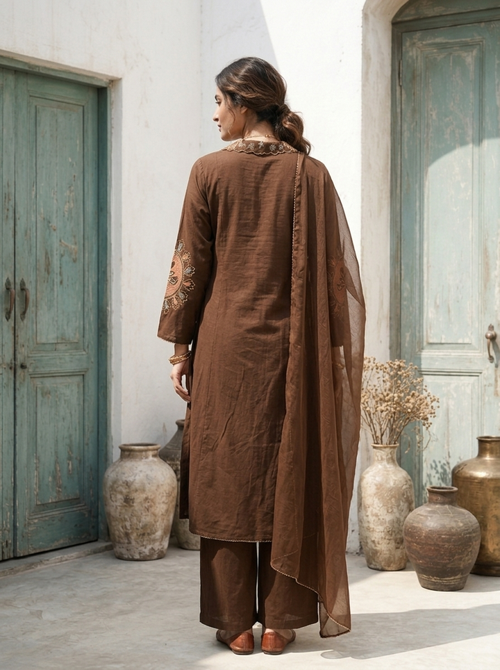 Brown Cotton Thread Embroidered Two Piece Set