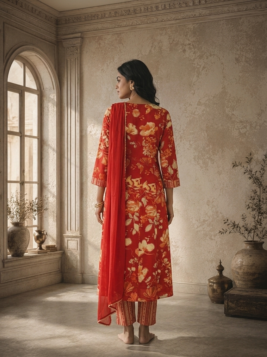 Maroon Rayon Floral Jaal Printed Three Piece Set
