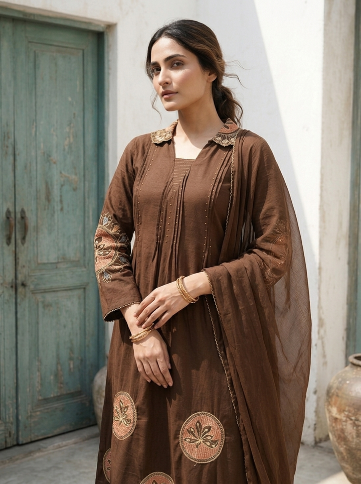 Brown Cotton Thread Embroidered Two Piece Set