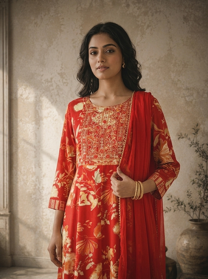 Maroon Rayon Floral Jaal Printed Three Piece Set