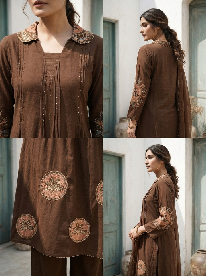 Brown Cotton Thread Embroidered Two Piece Set