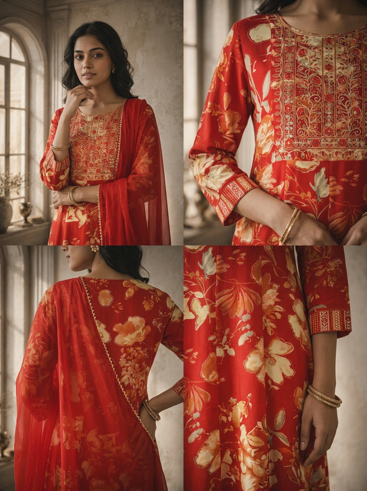 Maroon Rayon Floral Jaal Printed Three Piece Set