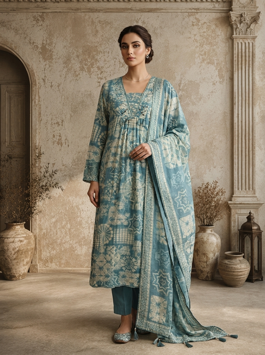Sky Blue Muslin Geometric Printed Three Piece Set