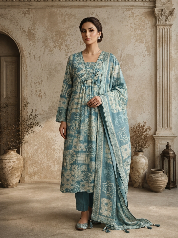 Sky Blue Muslin Geometric Printed Three Piece Set