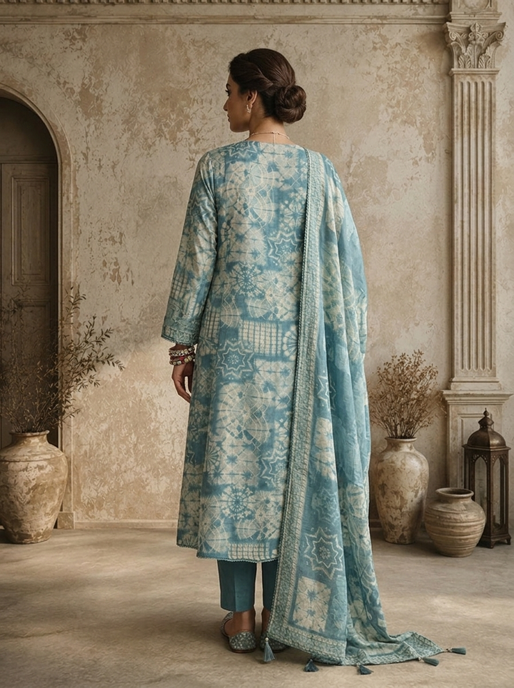 Sky Blue Muslin Geometric Printed Three Piece Set