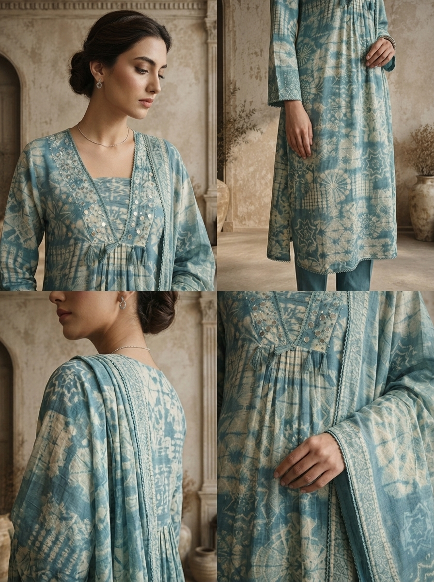 Sky Blue Muslin Geometric Printed Three Piece Set