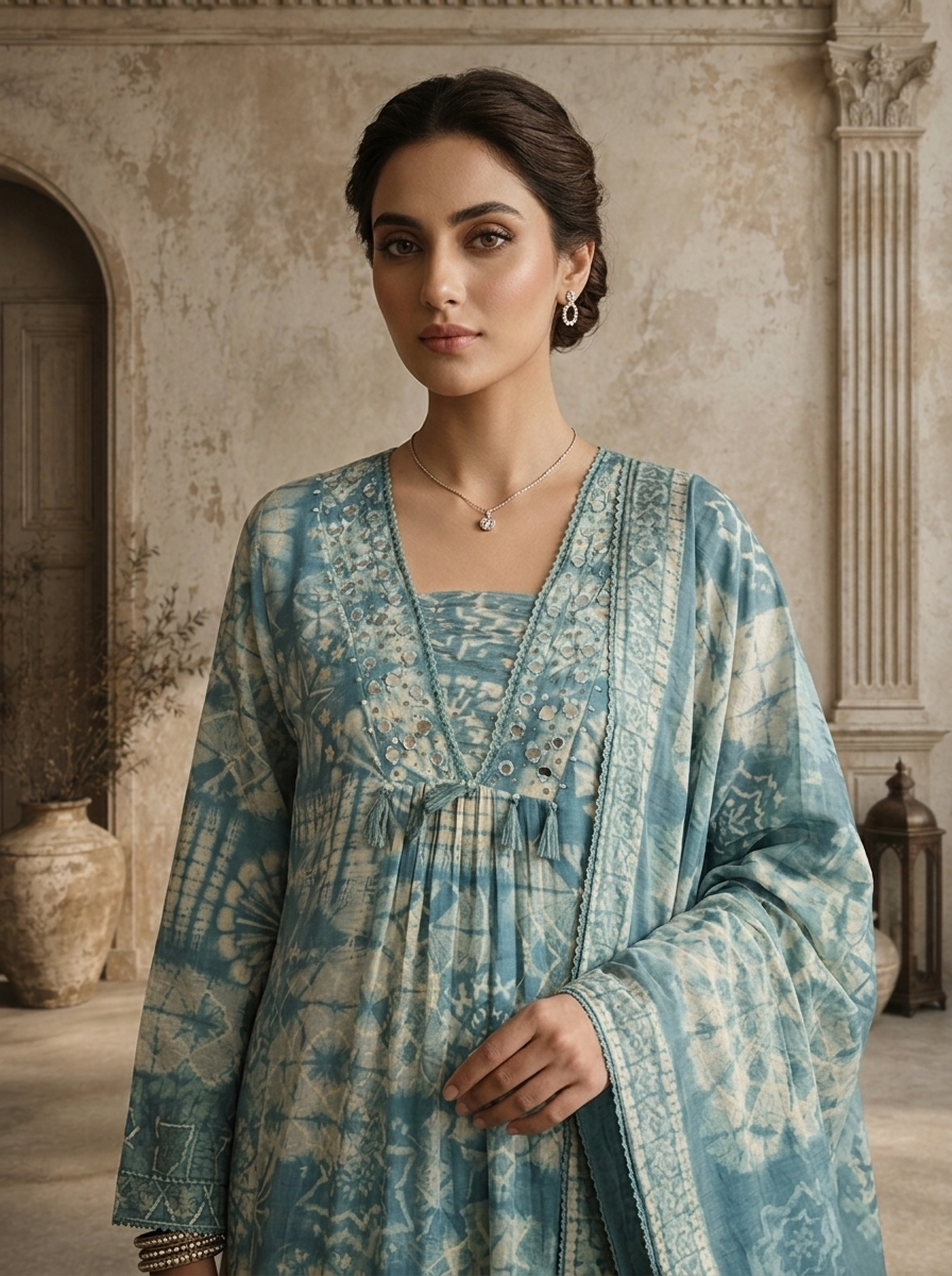 Sky Blue Muslin Geometric Printed Three Piece Set
