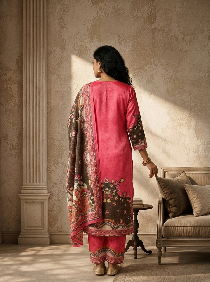 Rose Crepe Mandala Printed Three Piece Set