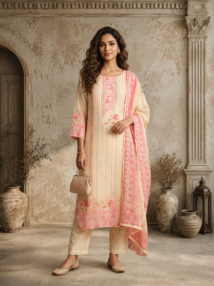 Rose Pink Muslin Stripes With Floral Printed Three Piece Set
