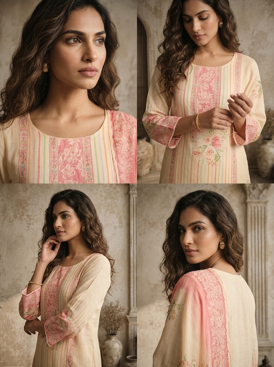 Rose Pink Muslin Stripes With Floral Printed Three Piece Set