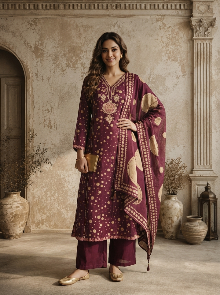 Wine Muslin Circular Motif Printed Three Piece Set