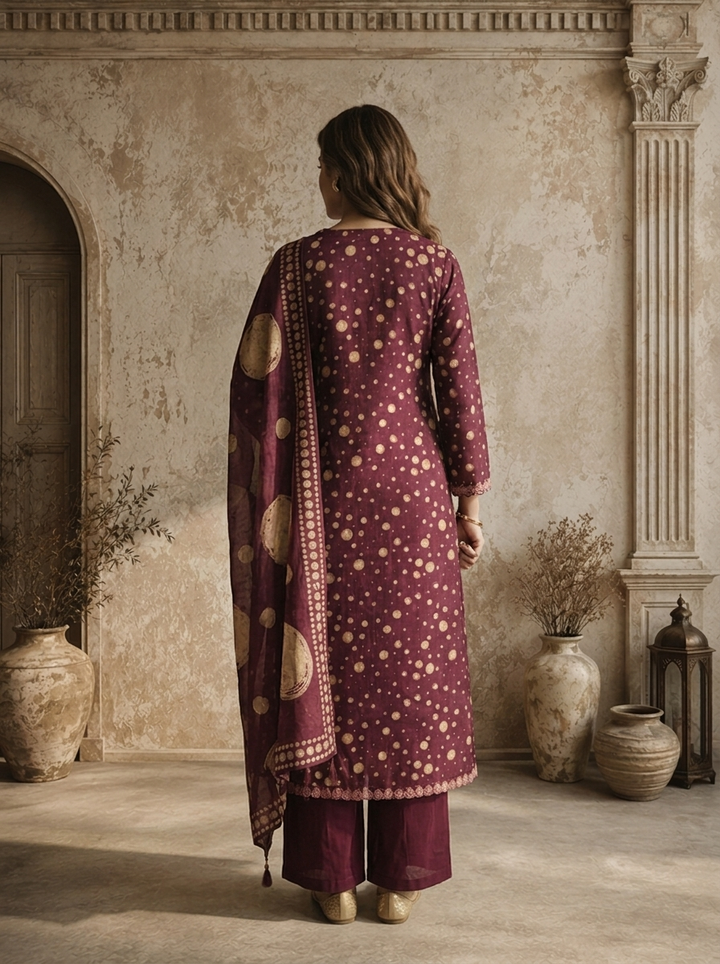Wine Muslin Circular Motif Printed Three Piece Set
