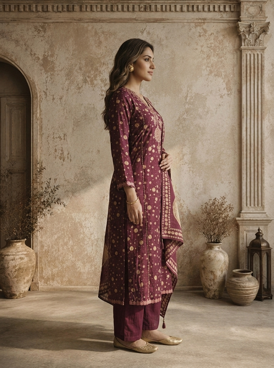 Wine Muslin Circular Motif Printed Three Piece Set