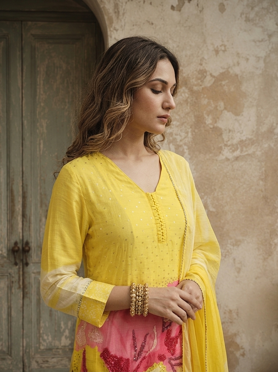 Lemon Linen Floral Embroidered Three Piece Set