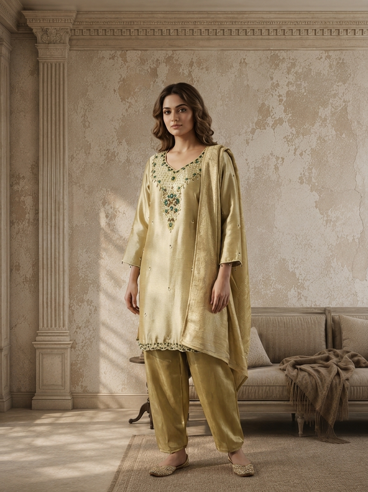 Light Green Organza Stone And Pulse Embroidered Three Piece Set