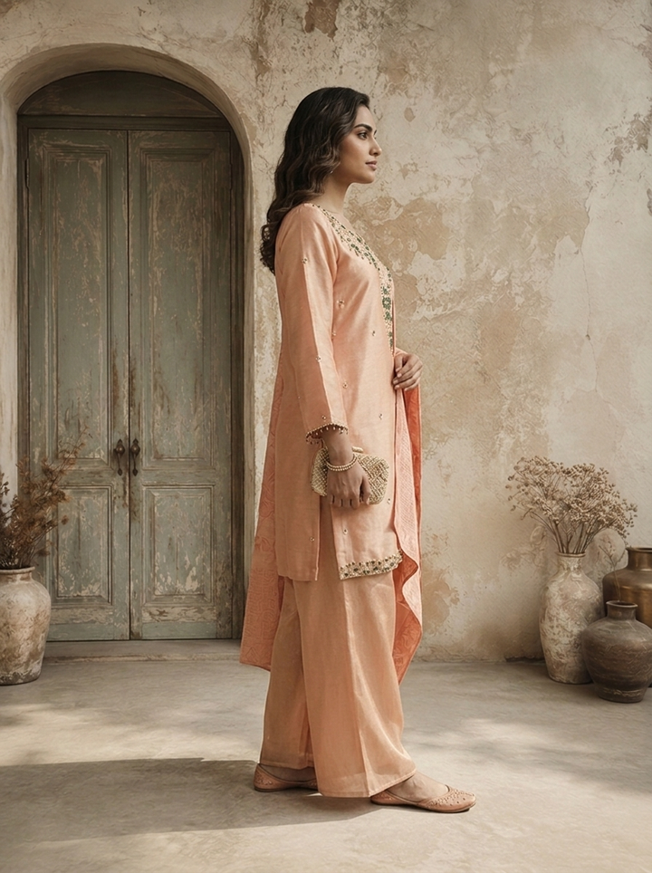 Peach Organza Pulse And Stone Embroidered Three Piece Set