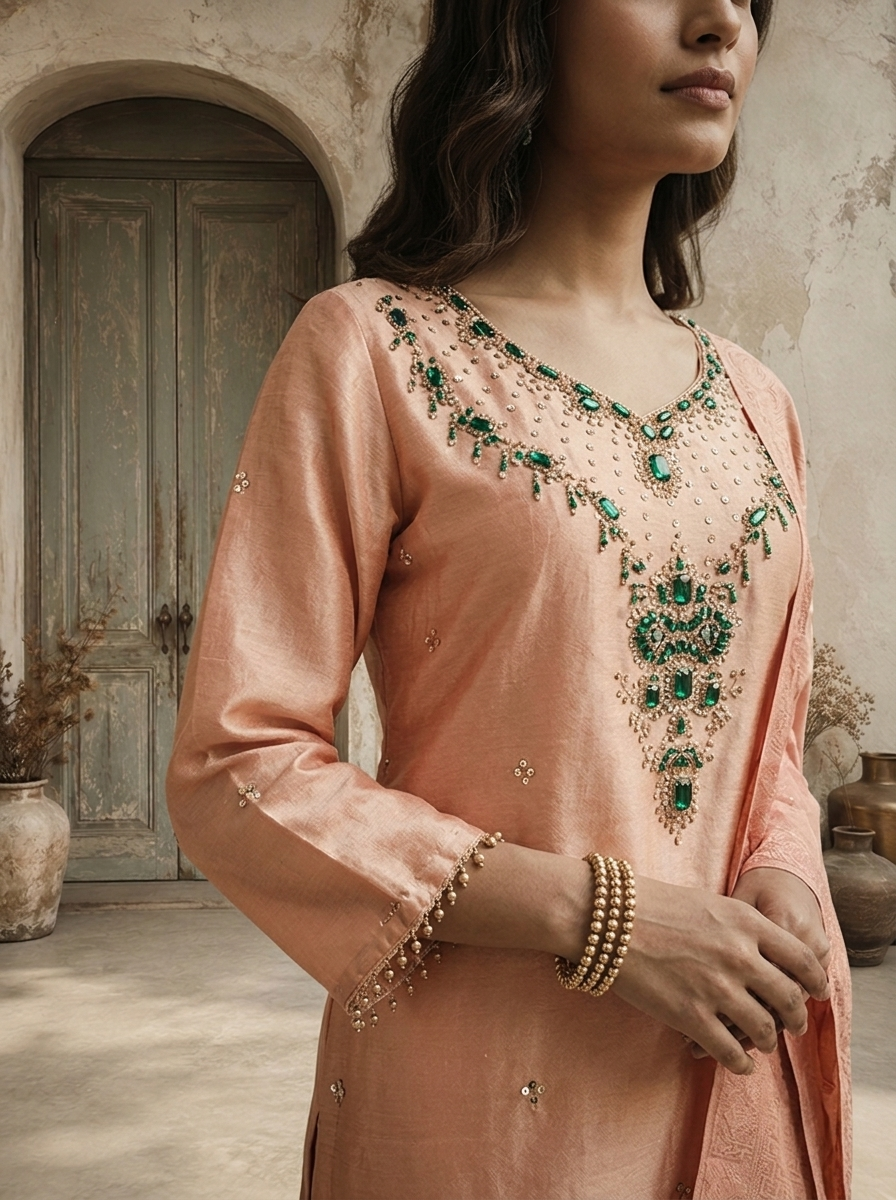 Peach Organza Pulse And Stone Embroidered Three Piece Set