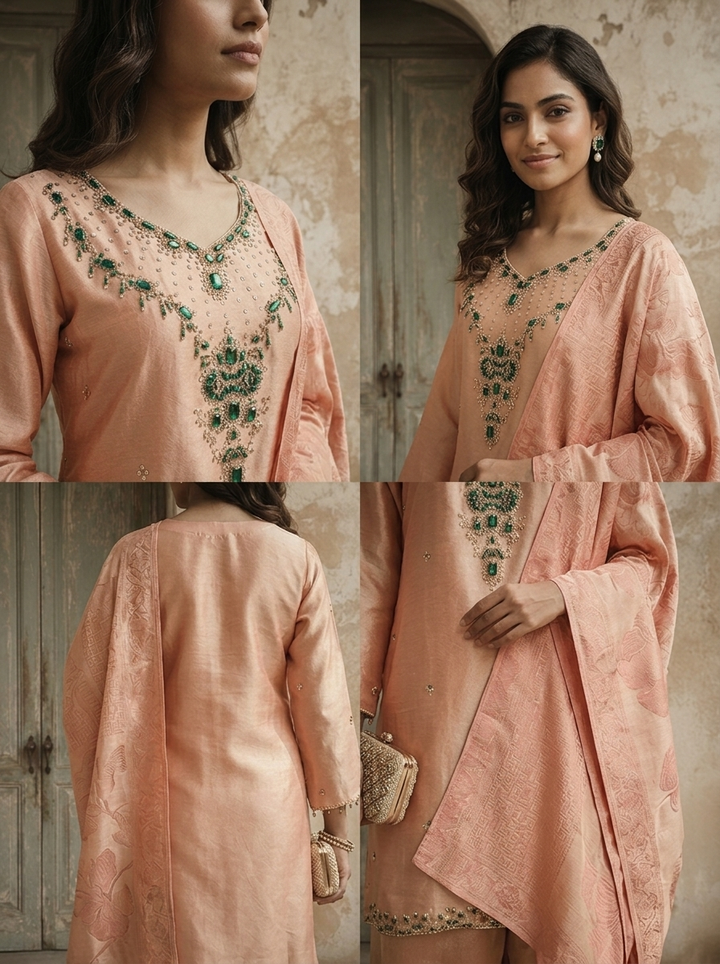 Peach Organza Pulse And Stone Embroidered Three Piece Set