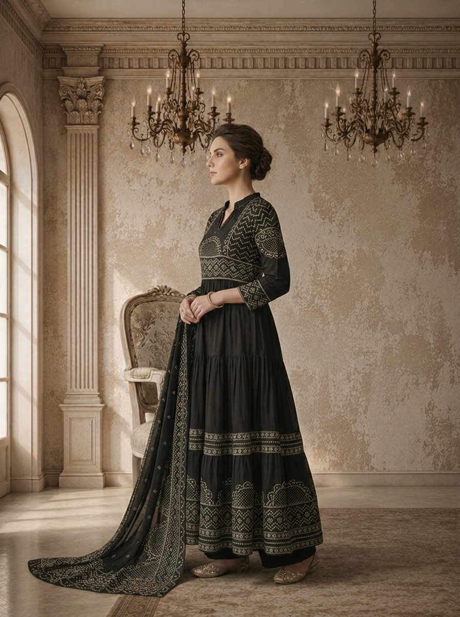 Black Cotton Bandhej Printed Three Piece Set