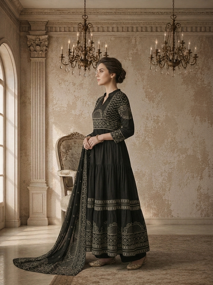 Black Cotton Bandhej Printed Three Piece Set