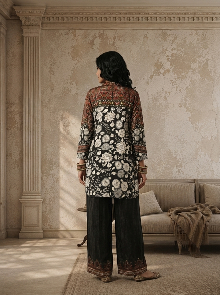 Black Crepe Ethnic Jaal Printed Two Piece Set