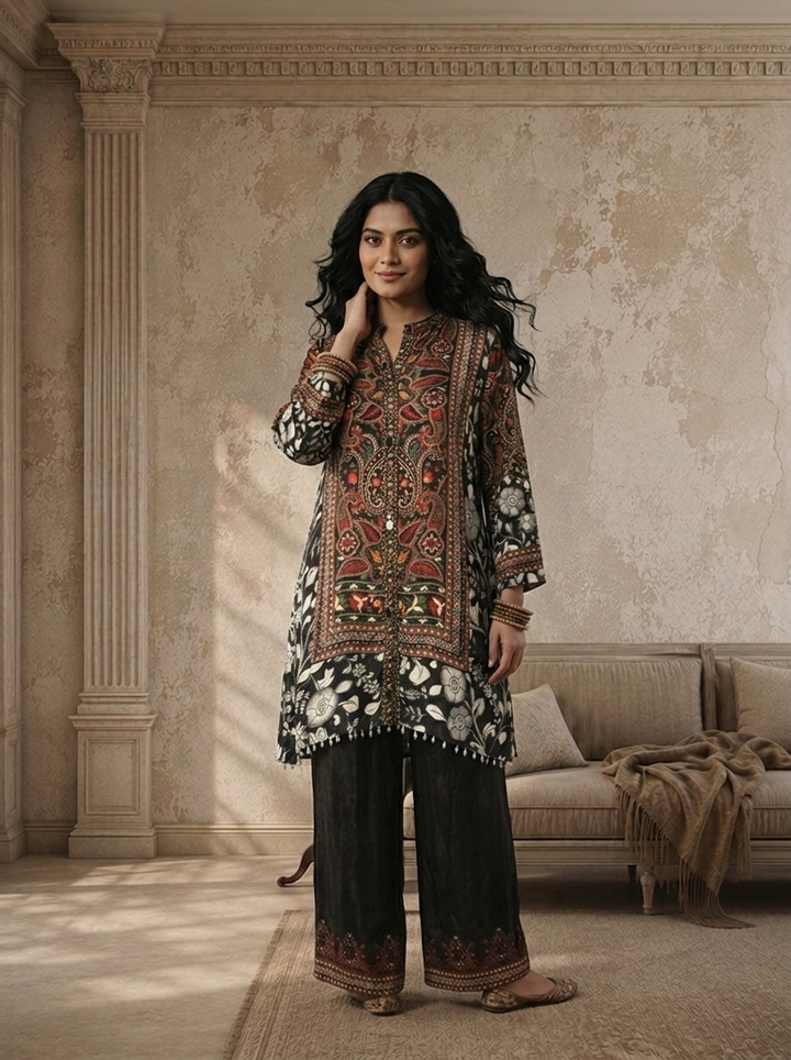 Black Crepe Ethnic Jaal Printed Two Piece Set