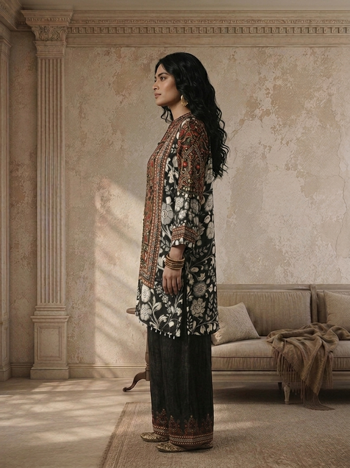 Black Crepe Ethnic Jaal Printed Two Piece Set