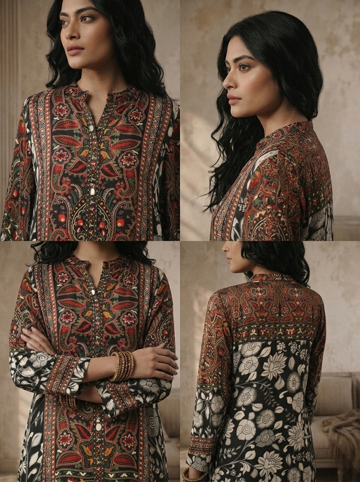 Black Crepe Ethnic Jaal Printed Two Piece Set
