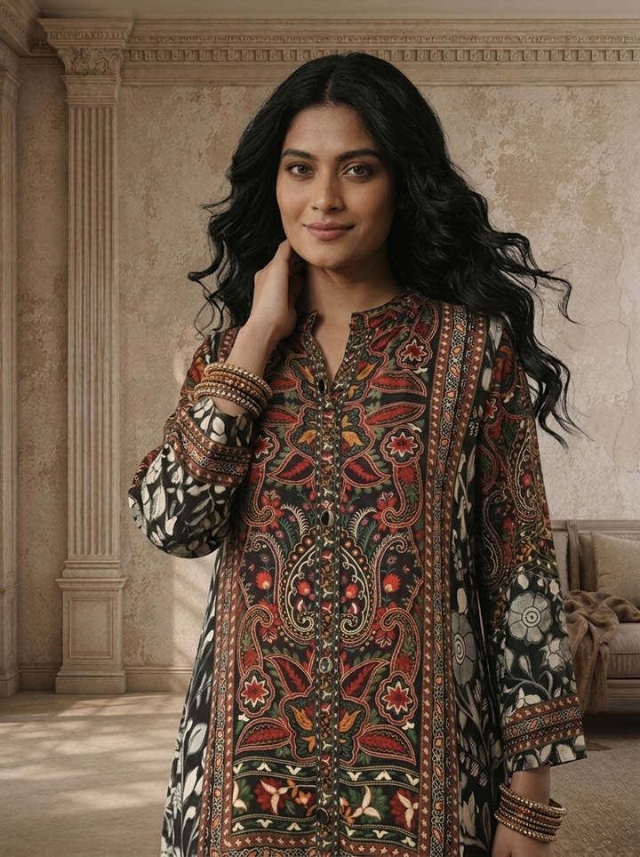 Black Crepe Ethnic Jaal Printed Two Piece Set