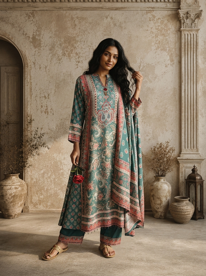 Green Muslin Paisley Motif Printed Three Piece Set