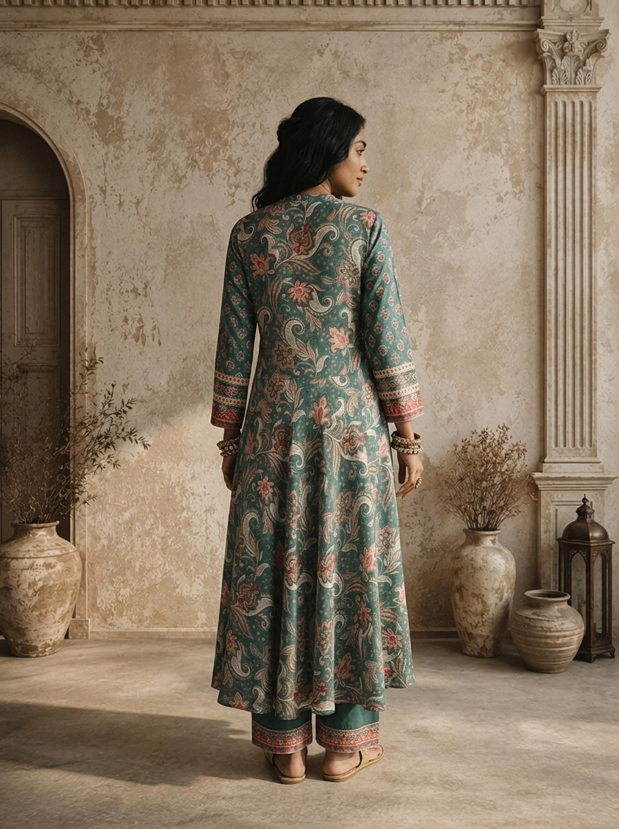 Green Muslin Paisley Motif Printed Three Piece Set