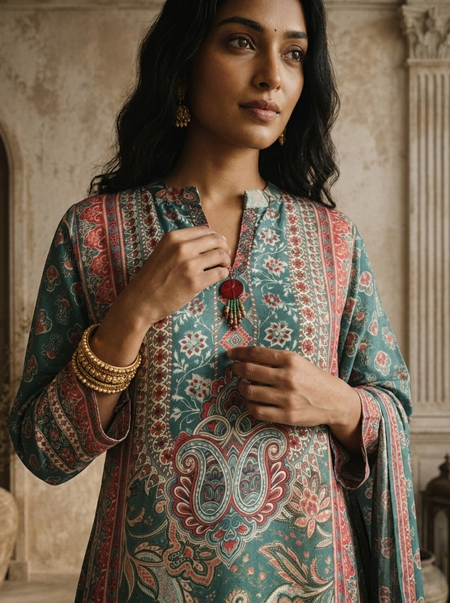 Green Muslin Paisley Motif Printed Three Piece Set