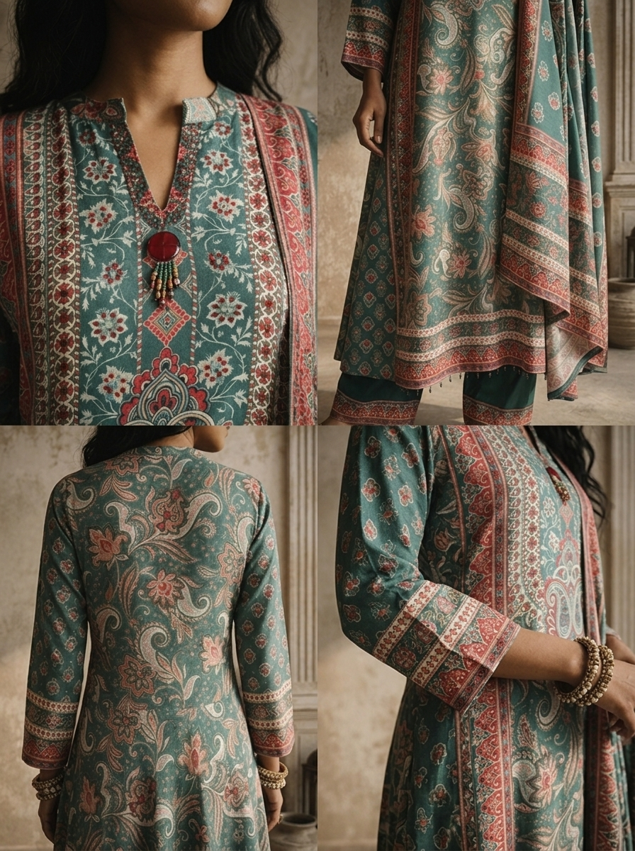 Green Muslin Paisley Motif Printed Three Piece Set