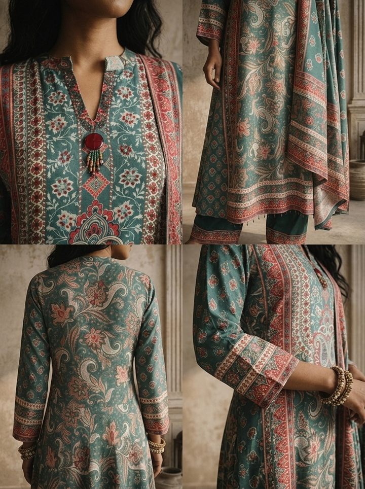 Green Muslin Paisley Motif Printed Three Piece Set