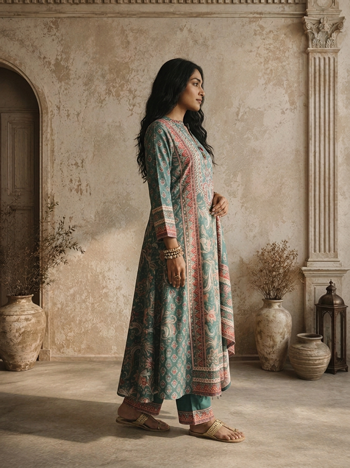 Green Muslin Paisley Motif Printed Three Piece Set