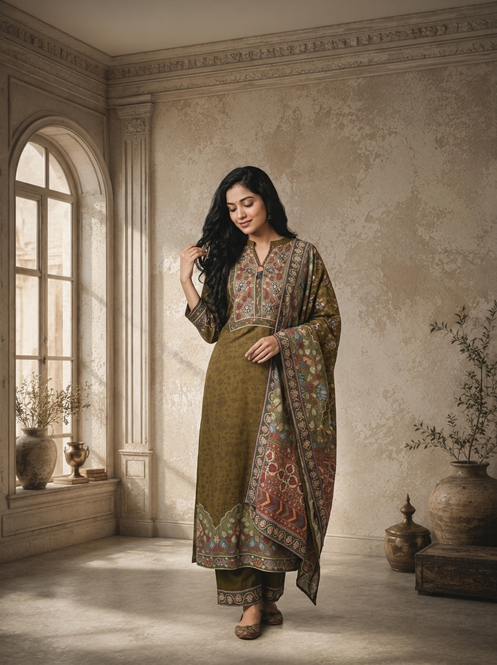 Olive Crepe Floral Jaal Printed Three Piece Set