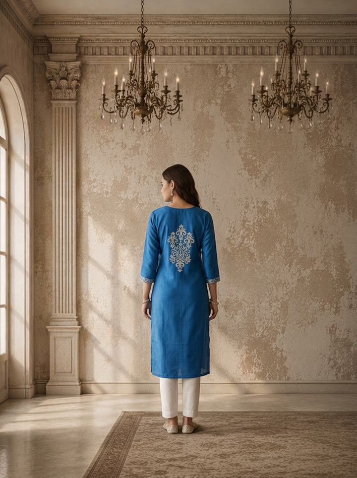 Teal Blue Rayon Paisley Thread Embroidered Kurta