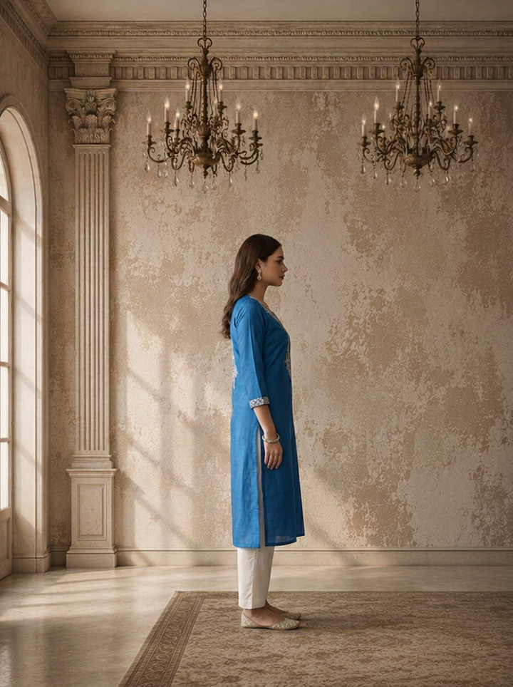 Teal Blue Rayon Paisley Thread Embroidered Kurta