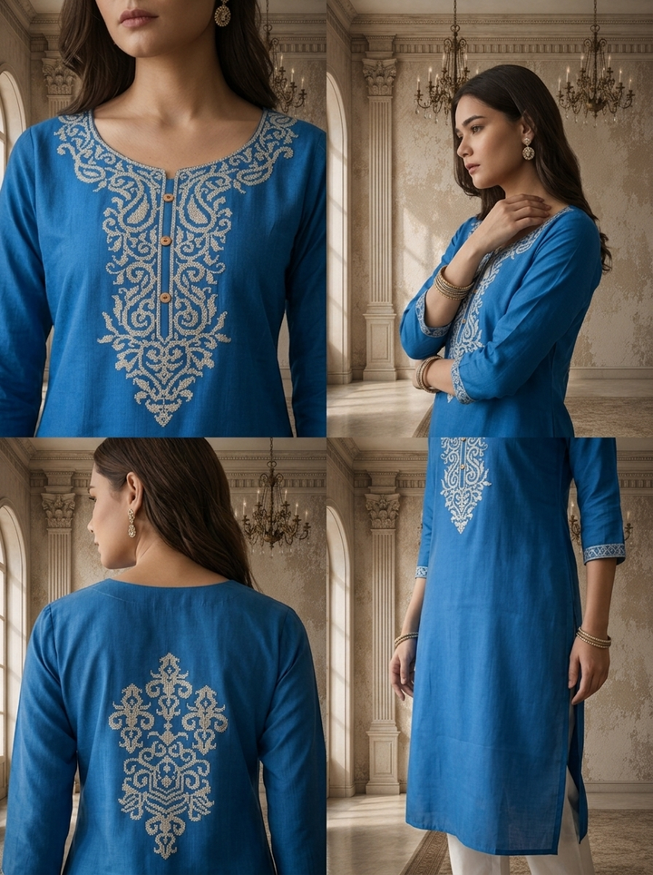 Teal Blue Rayon Paisley Thread Embroidered Kurta