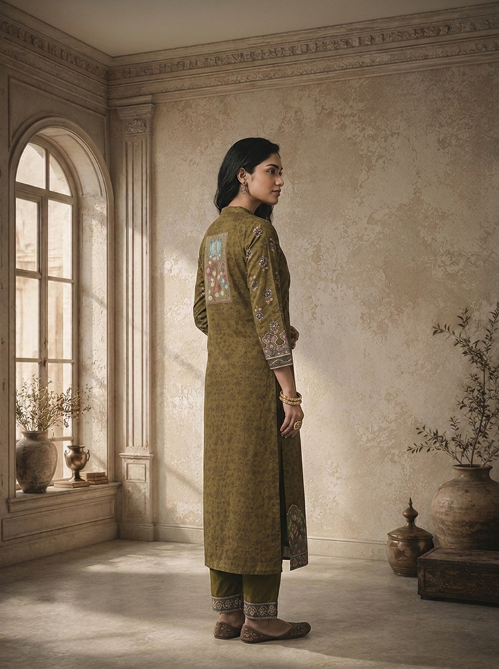 Olive Crepe Floral Jaal Printed Three Piece Set