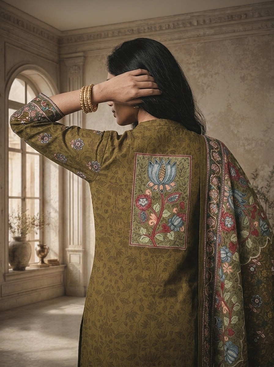 Olive Crepe Floral Jaal Printed Three Piece Set