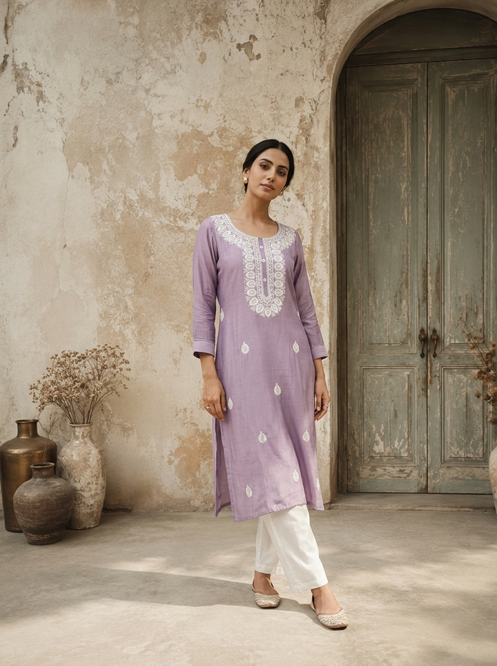 Lavender Rayon Ethnic Embroidered Kurta