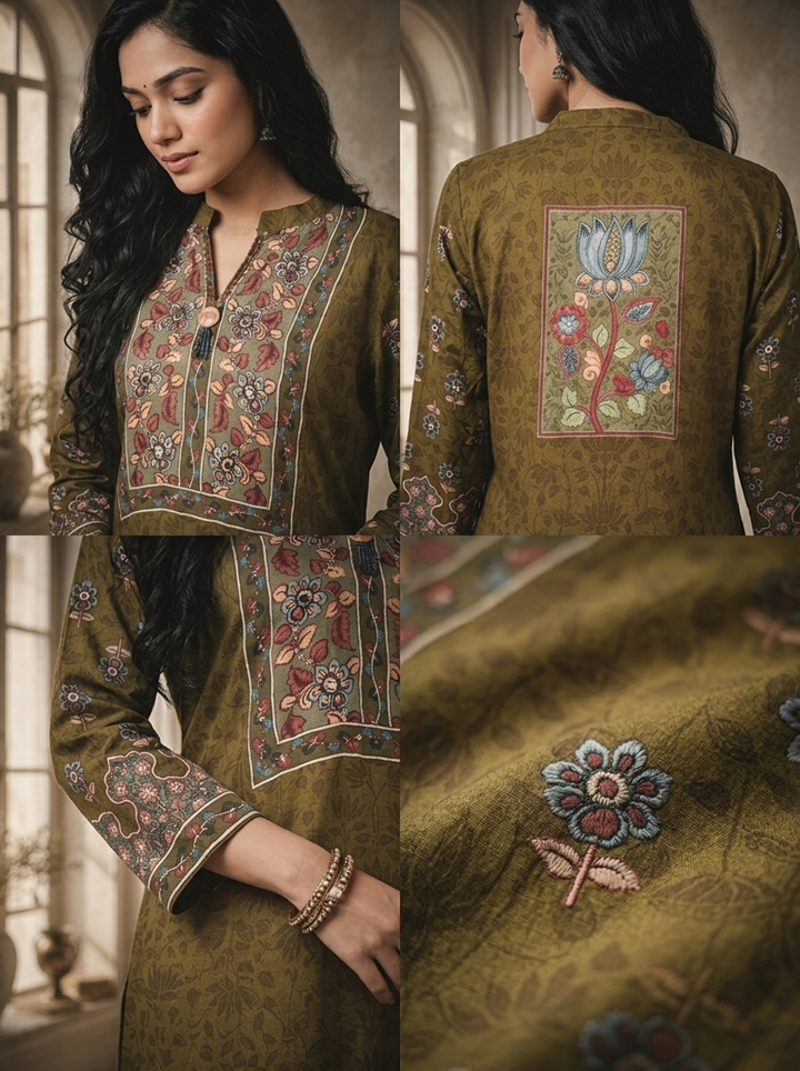 Olive Crepe Floral Jaal Printed Three Piece Set