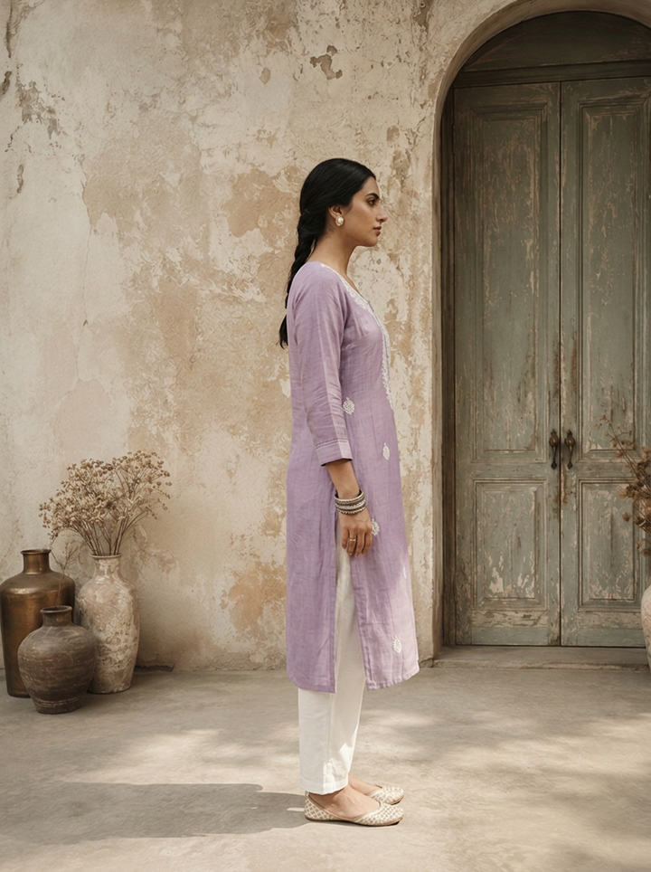 Lavender Rayon Ethnic Embroidered Kurta